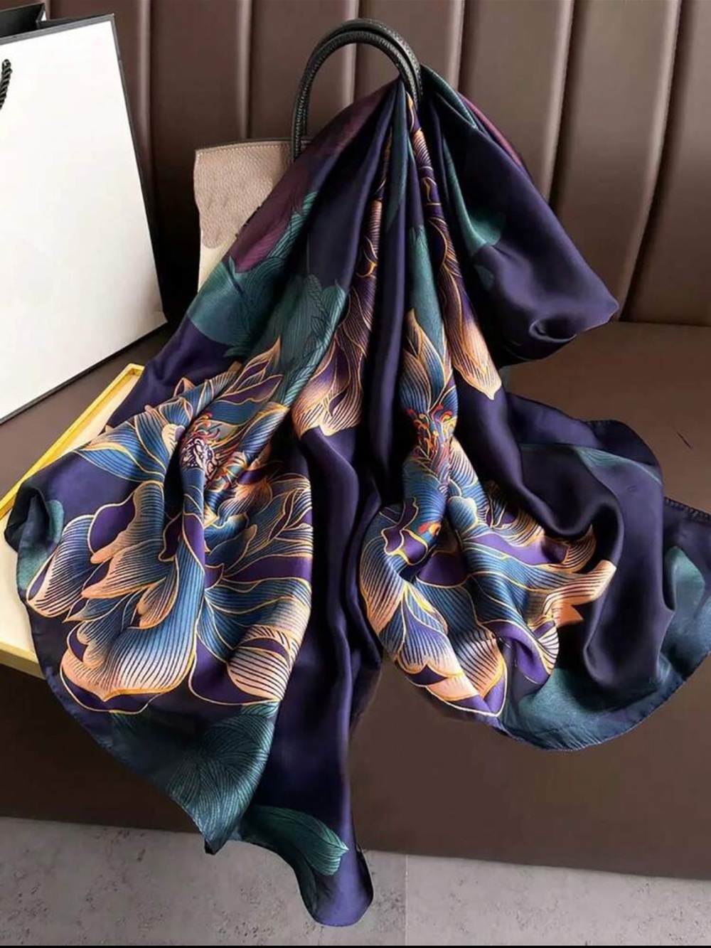 Navy Blue Floral Satin Feel Scarf nwt